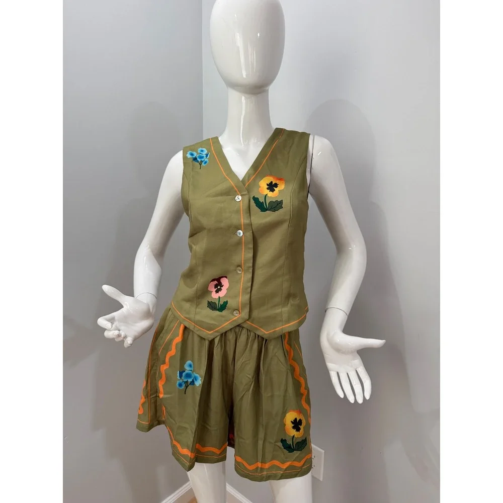 Commense Vest & Shorts Set Olive‎ Green Floral Embroidered Outfit Size XS - Picture 9 of 9